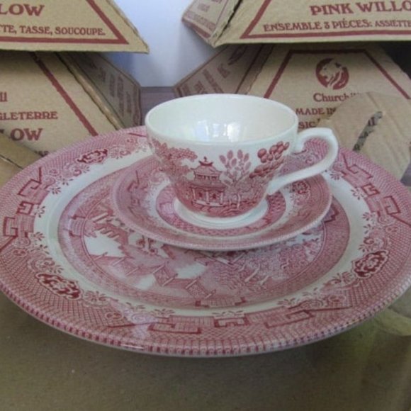 Pink Willow Set 3 pc x 5 place settings Churchill Red Willow China plates cups - Picture 1 of 6